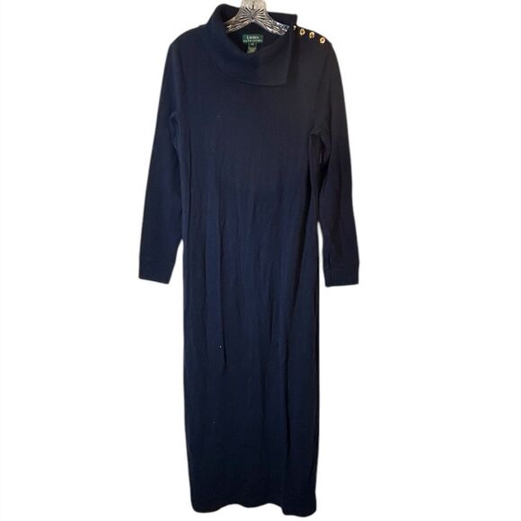 Lauren Ralph Lauren Womans Sweater Dress Blue Gold Buttons Maxi Turtleneck Cowl - Picture 1 of 8